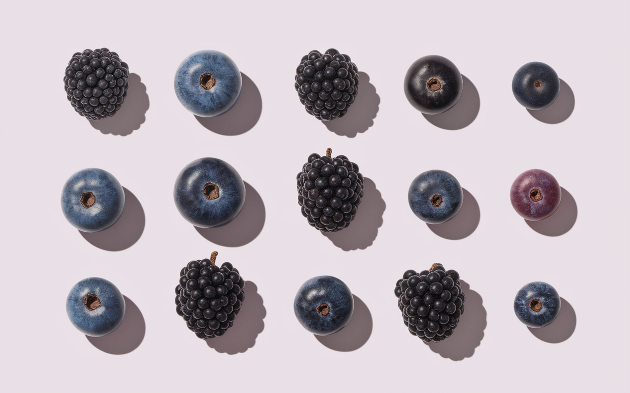 Guide complet des fruits noirs : variétés, bienfaits et utilisations Différents fruits noirs sur fond blanc