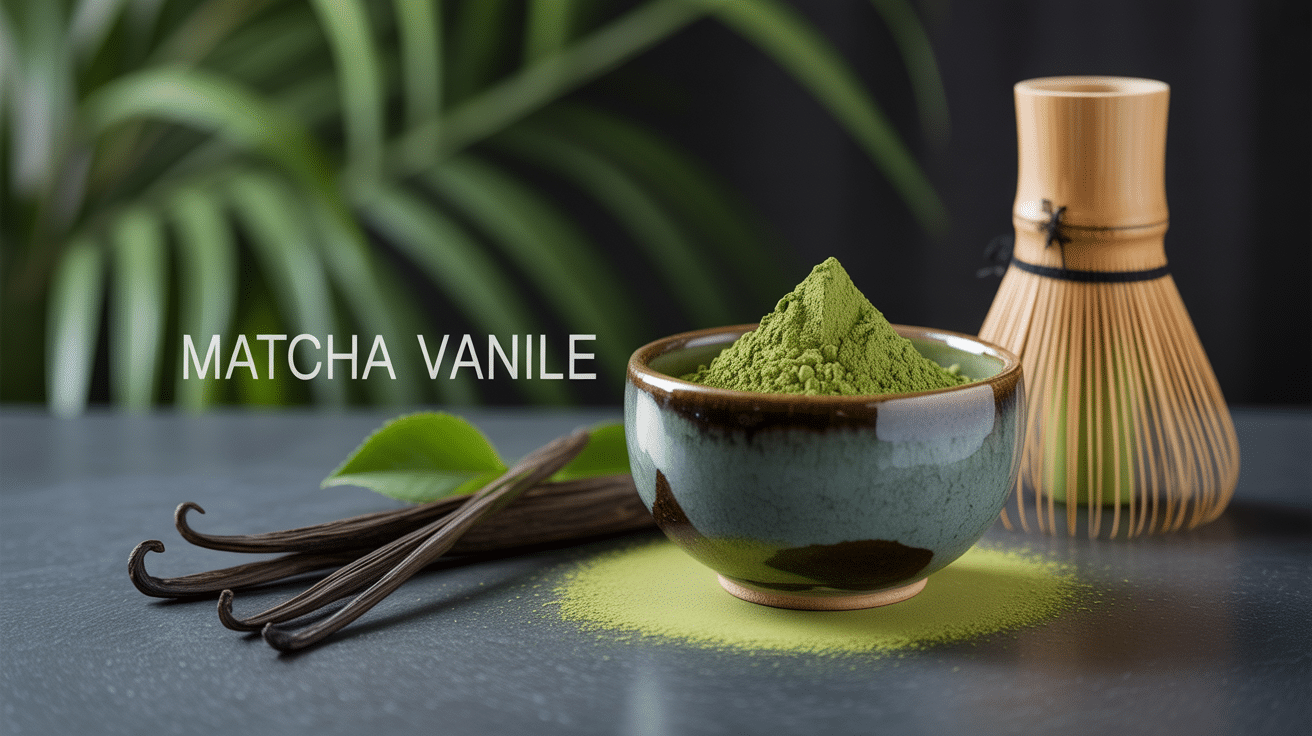 Matcha vanille : guide complet du thé vert japonais aromatisé Poudre de matcha vanille dans bol céramique