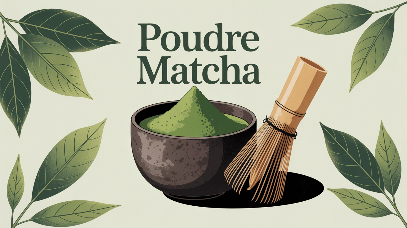 Poudre matcha : le guide complet du thé vert japonais en poudre Bol de poudre matcha avec ustensiles traditionnels