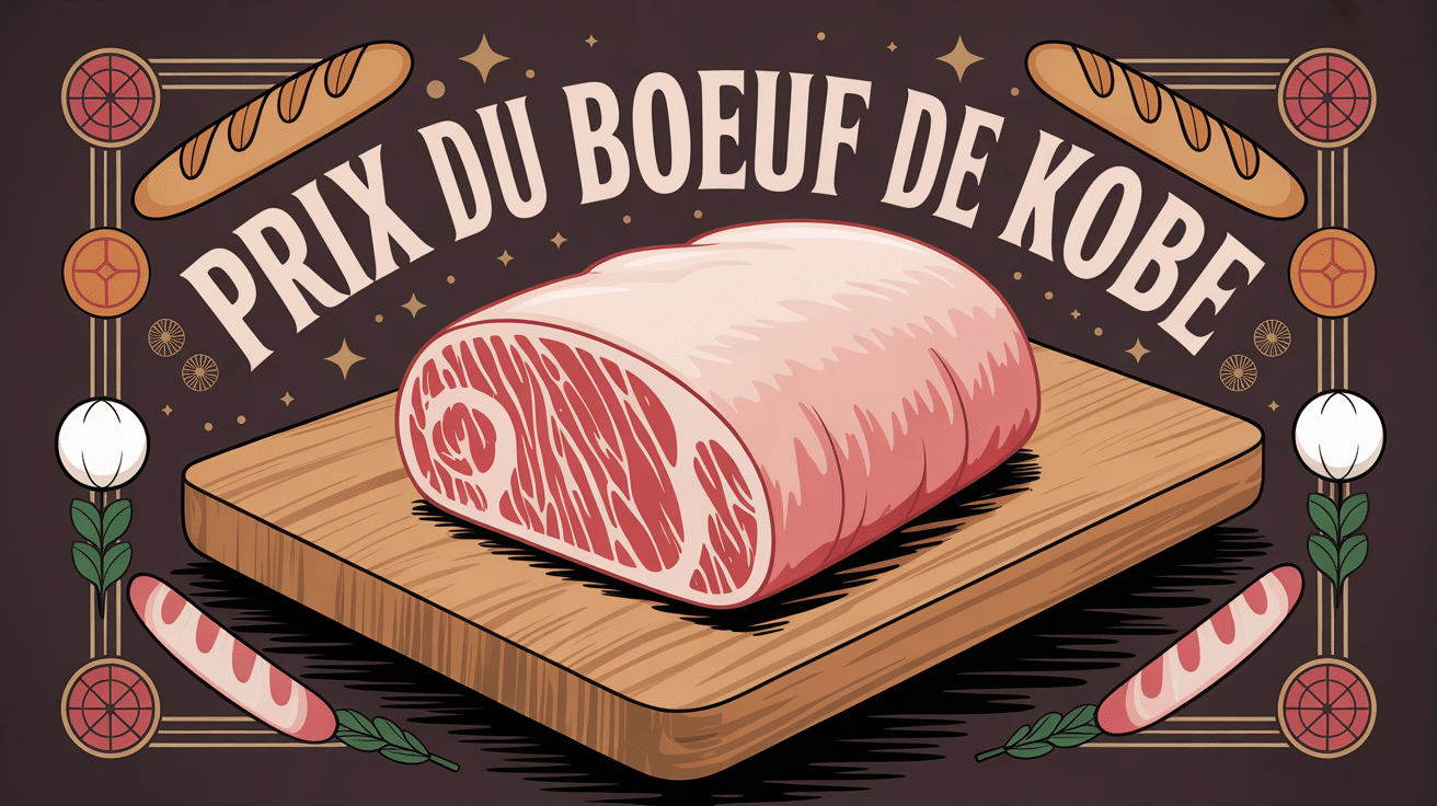 Prix bœuf de Kobe : tarifs, découpes et facteurs de prix Illustration tranche de bœuf de Kobe avec éléments japonais