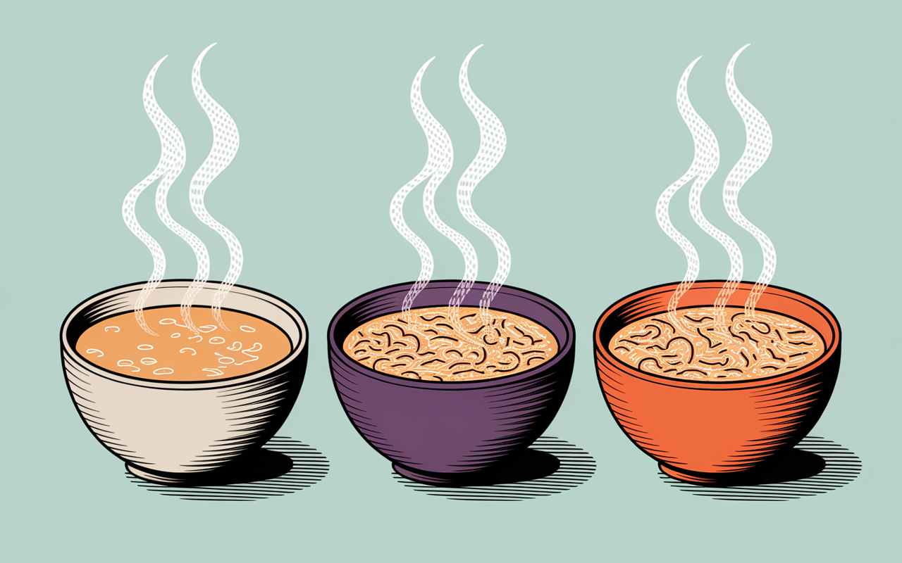 Quelle quantité de vermicelle dans une soupe : guide complet pour bien doser Trois bols de soupe avec différentes quantités de vermicelles