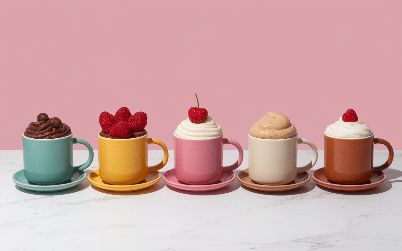Mug cake sans œuf : la recette express en 2 minutes au micro-ondes Variantes colorées de mugcake sans œuf