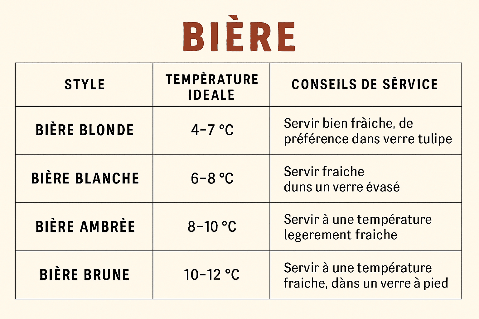 Température de service de la bière : tableau complet par style pour ne plus se tromper découvrez notre tableau complet des températures de service idéales pour chaque style de bière et savourez votre bière à la température parfaite à chaque fois.