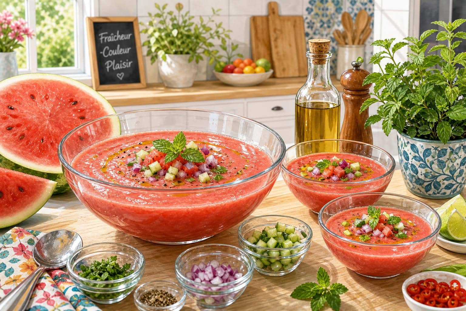Gazpacho de pasteque: variante moderne découvrez notre recette moderne de gazpacho à la pastèque, une variante rafraîchissante et originale parfaite pour l'été.