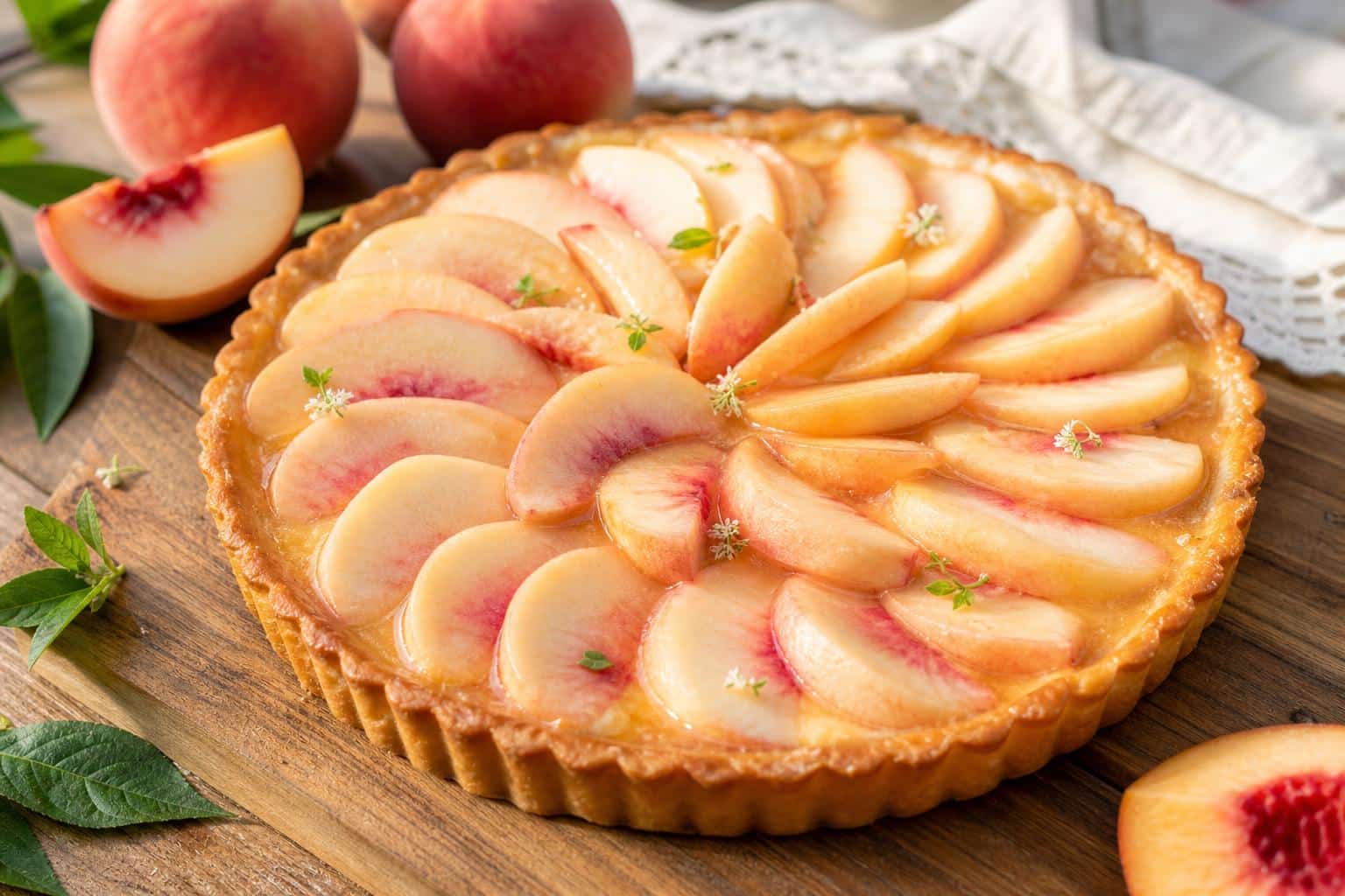 Tarte aux peches blanches: subtile et fine découvrez notre recette délicate de tarte aux pêches blanches, une douceur subtile et fine qui éveillera vos papilles.